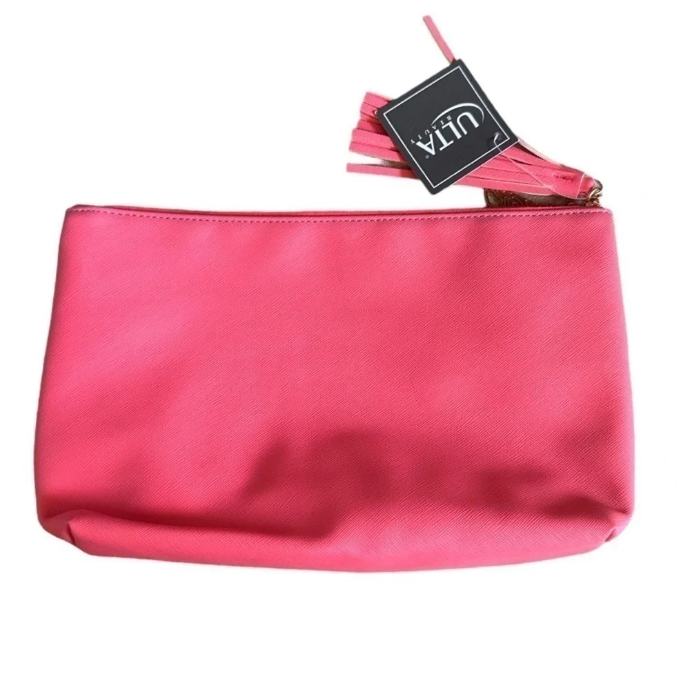 🌺 Ulta Hot Pink Rose Gold Feather Tassel Cosmetic Bag NWT